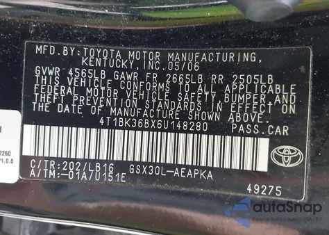 2006 Toyota Avalon Limited из США, поврежденный, VIN 4T1BK36BX6U148280